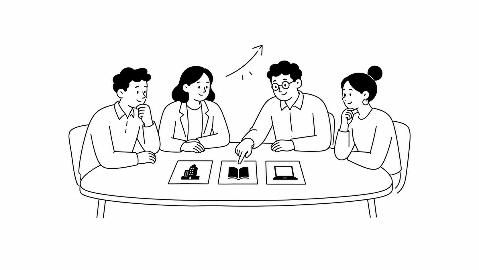 業種・業務別の生成AI活用事例を整理して検討する担当者たちの白黒線画イラスト
