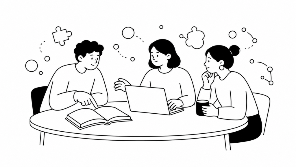 AIツールと生成AIの違いを整理して話し合う担当者の白黒線画イラスト