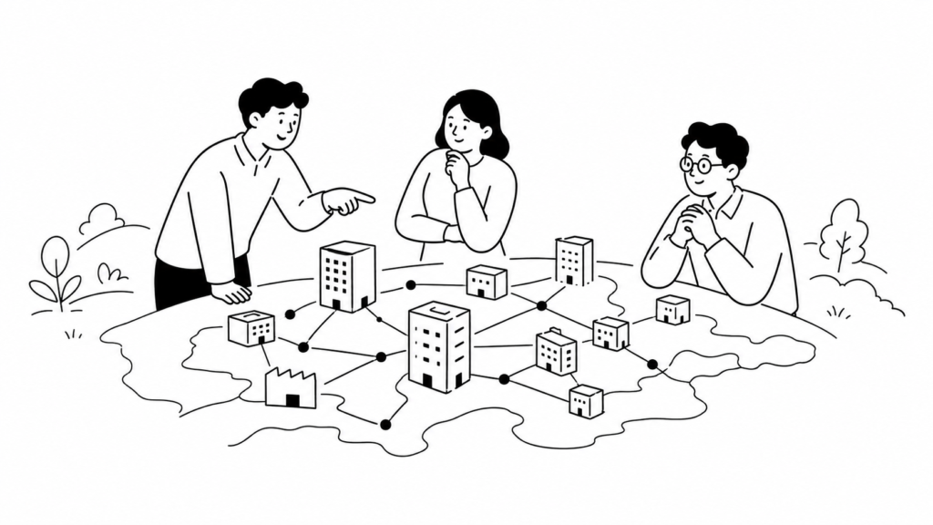 国内企業でAIツール活用が広がる様子を示す白黒線画イラスト