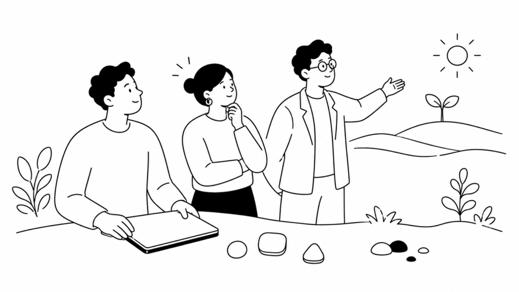 AIツール活用による前向きな成果を確認する担当者の白黒線画イラスト