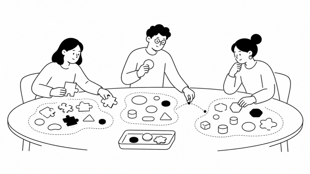 目的別にAIツールの種類を分類整理する白黒線画イラスト