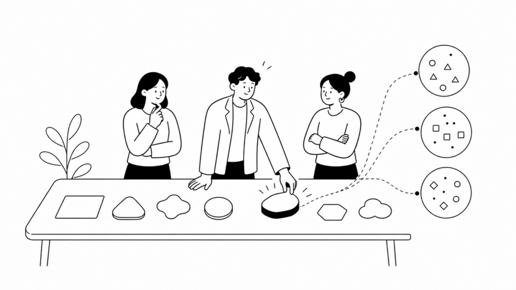 複数のAIツールを比較して選び方を検討する担当者の白黒線画イラスト