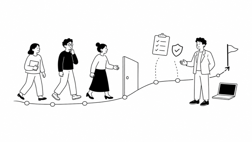社内へのAIツール導入を段階的に進める担当者と専門家の白黒線画イラスト