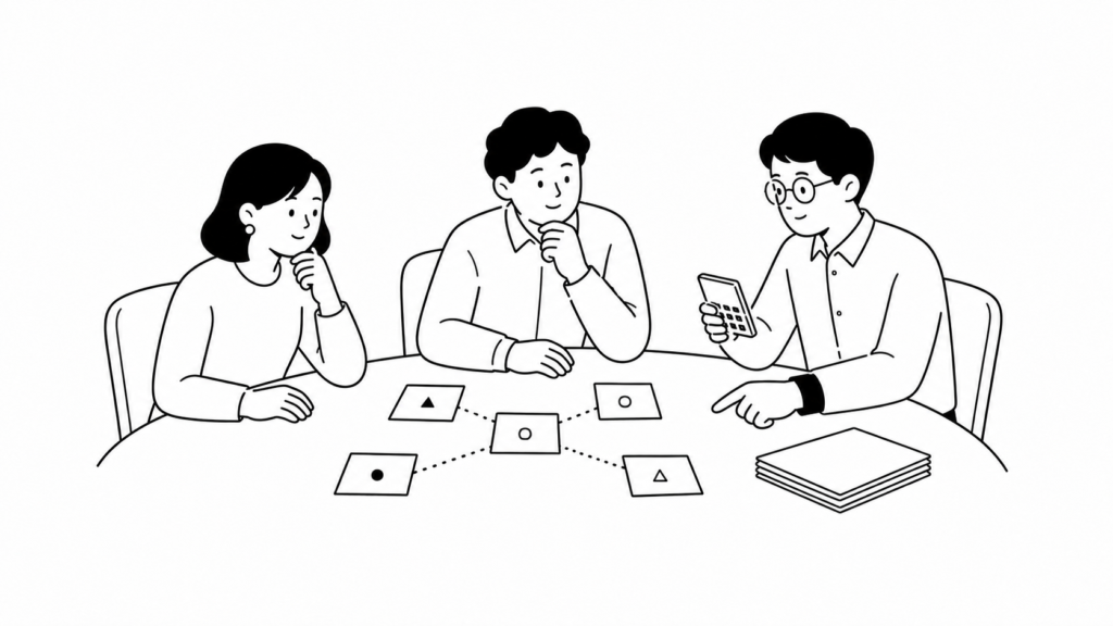 導入コストと推進体制を検討する担当者の白黒線画イラスト