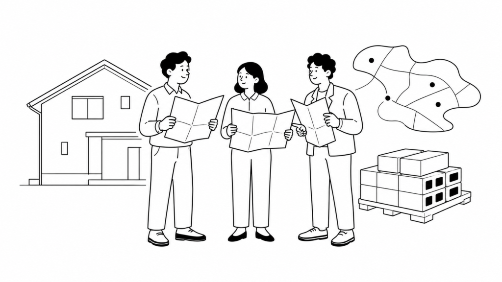 ハウスメーカー・不動産業と建設業でのAIツール活用視点を示す白黒線画イラスト