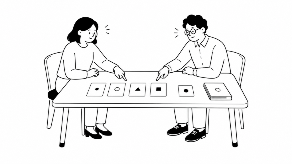導入前のチェック項目を確認し合う担当者の白黒線画イラスト