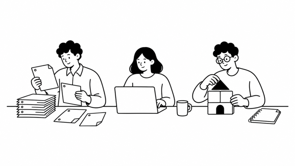 DX推進の意味とIT化・デジタル化の違いを整理する担当者たちの線画イラスト