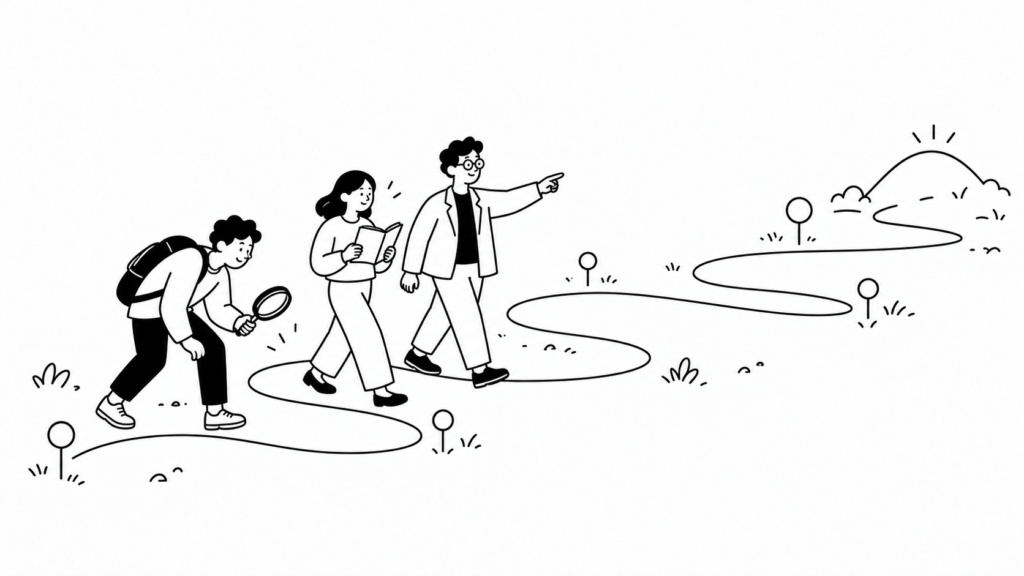 DX推進の5ステップを順に進む担当者たちを描いた線画イラスト