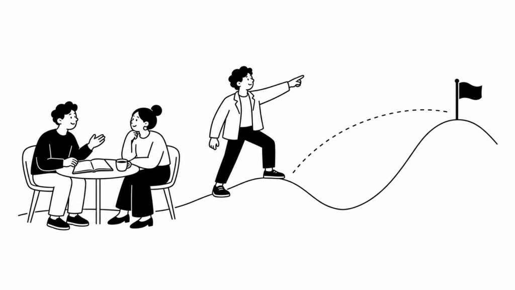 経営課題の定義と、目指す姿と現状のギャップを確かめ合うビジネスパーソンのイラスト