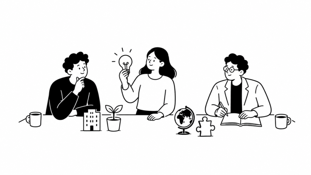 経営課題の代表的な分類を整理して見比べるビジネスパーソンのイラスト