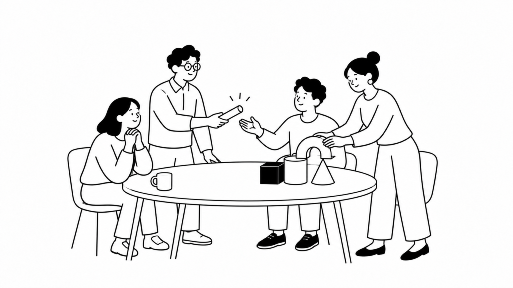 経営課題の解決策を実行計画に組み立てるチームのイラスト