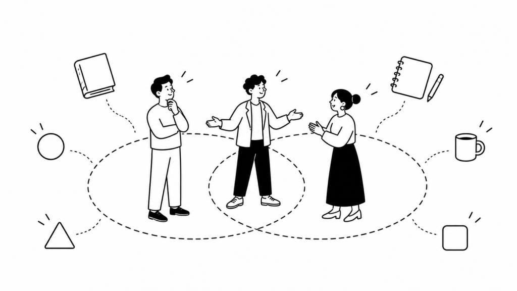 越境学習の意味：ホームとアウェイが重なる場所で学ぶ人々のイラスト