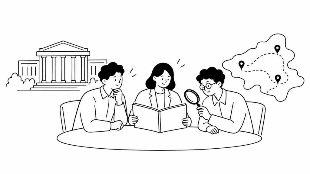 経済産業省の資料に見る越境学習の位置づけを、資料を読みながら整理する人々のイラスト