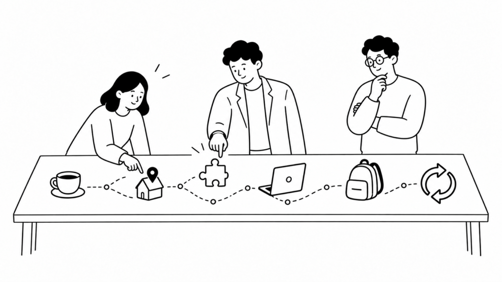 越境学習の代表的な手法を見比べ、目的に合わせて選ぶ人々のイラスト