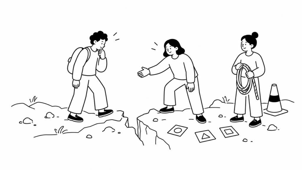 越境学習の注意点：つまずきやすい箇所を確認し、支え合って進む人々のイラスト