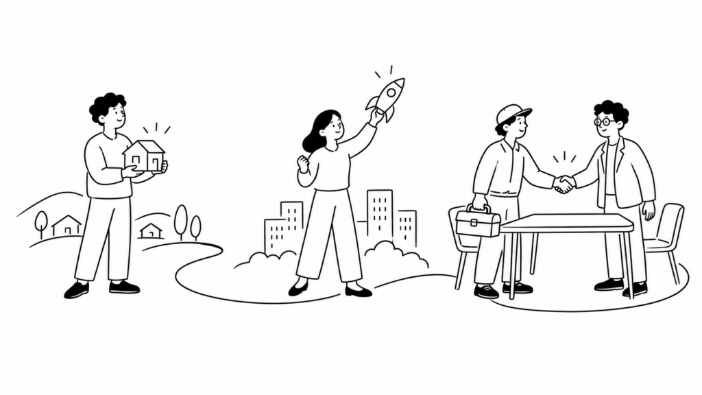越境学習の企業導入パターン：送り出す形と受け入れる形を整理する人々のイラスト
