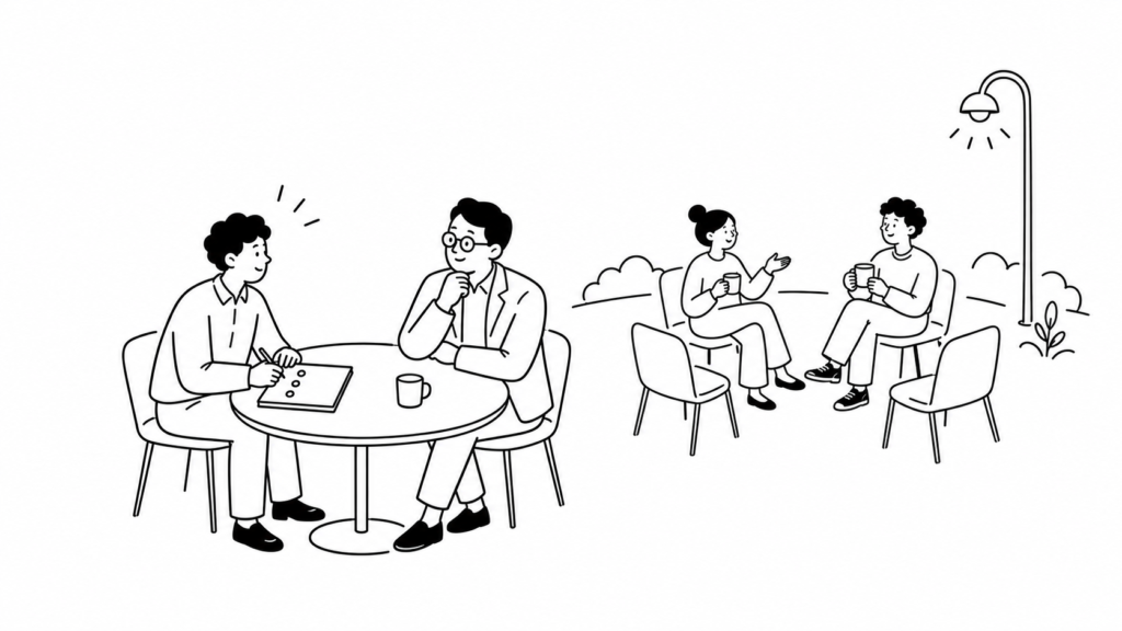 個人が越境学習を始める：気づきをノートに残し、上司と相談する会社員のイラスト