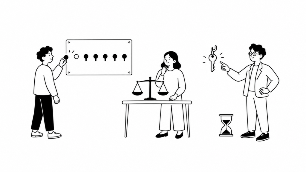 越境学習の導入前チェックリスト：準備の抜けを確認する人々のイラスト