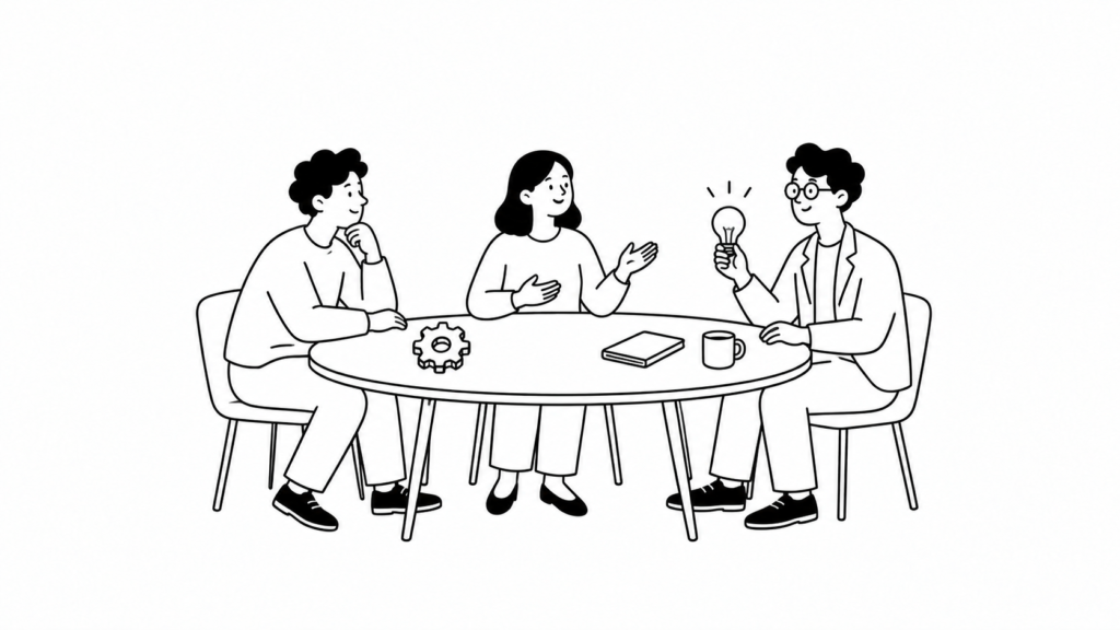 人的資本と人的資源の違いを丸テーブルで整理する担当者たちの線画イラスト