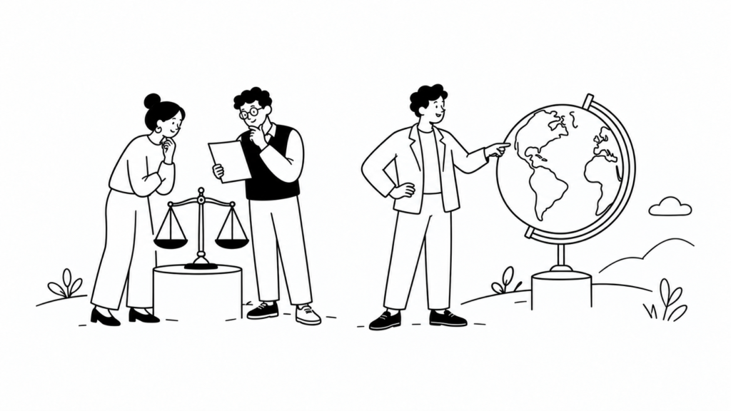 地球儀と天秤を前に、国内外の開示ルールを整理する担当者たちの線画イラスト