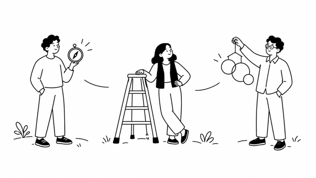 羅針盤・脚立・重なる円を手にして三つの型を見比べる担当者たちの線画イラスト