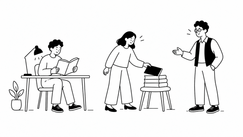 読書灯のもとで一次資料から順に学ぶ担当者たちの線画イラスト