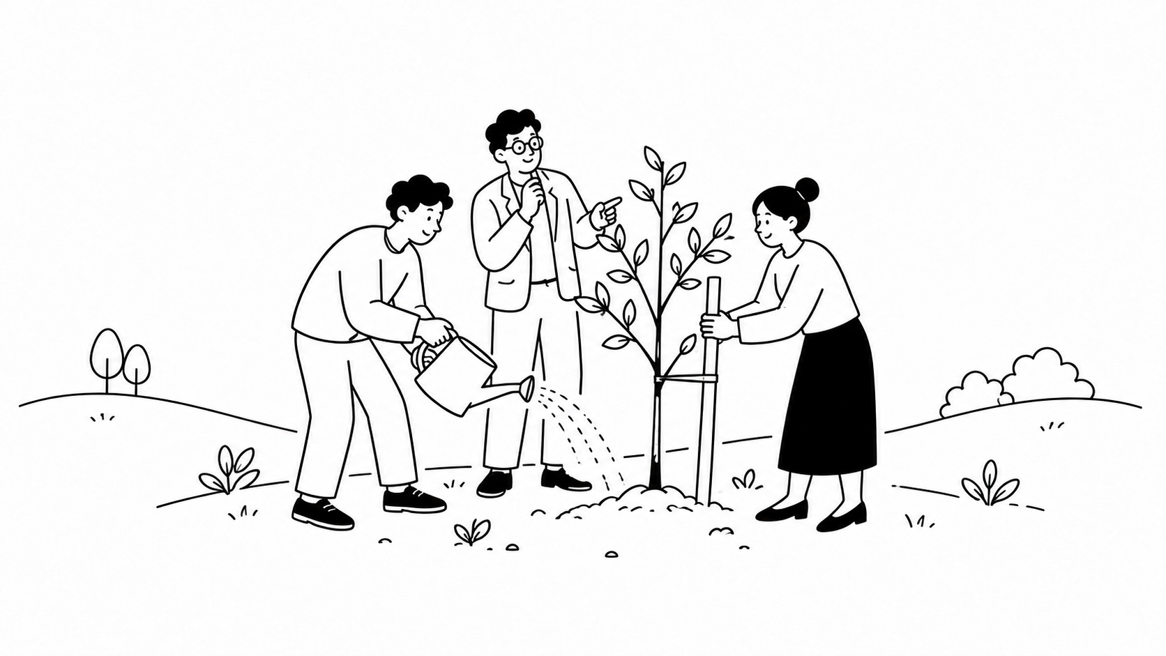 経営層と人事責任者が専門家とともに若木を育てる、人的資本経営を表した線画イラスト