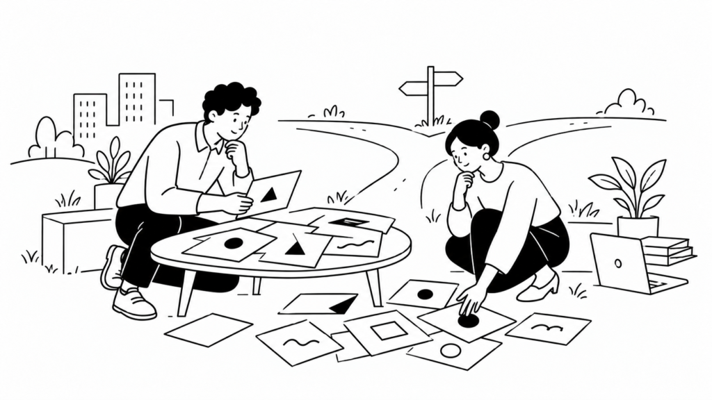 人材戦略を後回しにした場合の課題を慎重に確認する担当者の線画イラスト