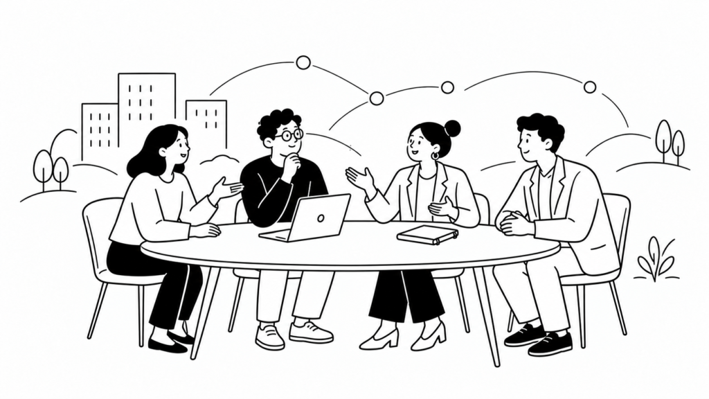 専門家のアドバイスを受けながらKPIを検討する担当者の線画イラスト