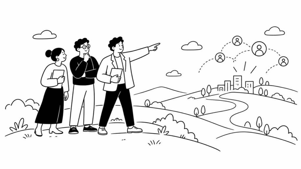 既存の枠を越えて社外の視点を取り込もうとする担当者たちの線画イラスト