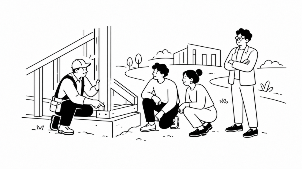 ベテラン人材が若手に知見を継承する様子を描く線画イラスト