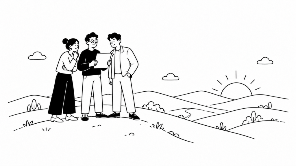 人手不足とDX推進の構造的な背景を見据えて話し合う担当者の線画イラスト