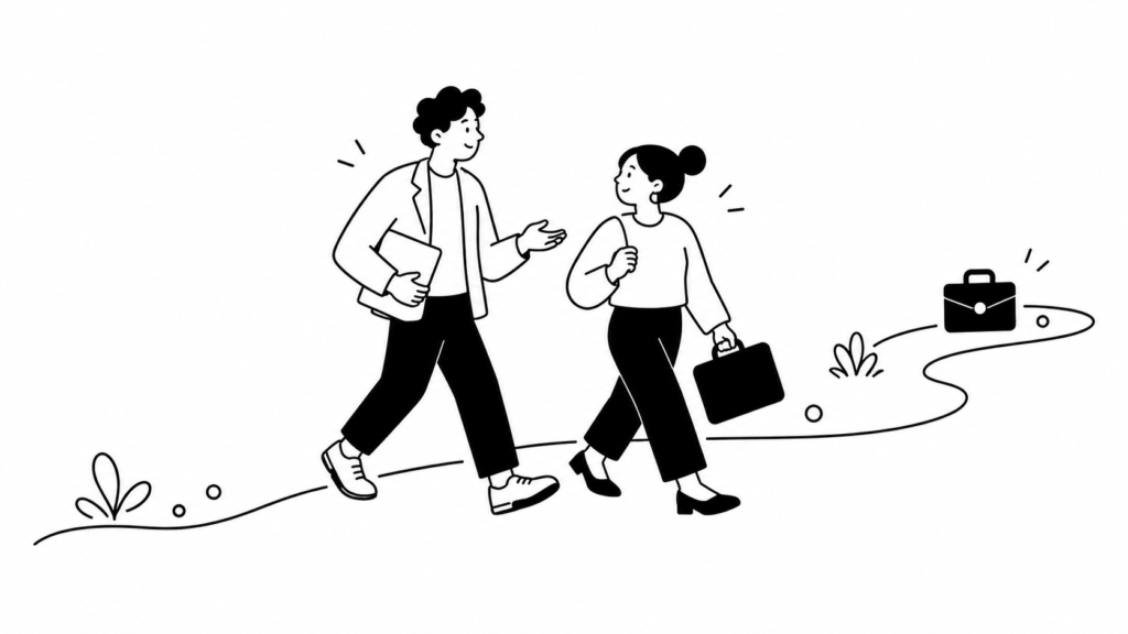 業務効率化の4つのステップを一歩ずつ進める担当者の線画イラスト