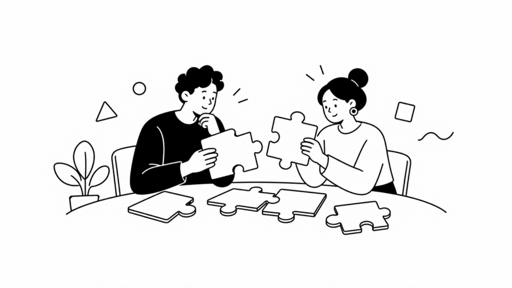 自社に合うツールを選定するために話し合う担当者の線画イラスト