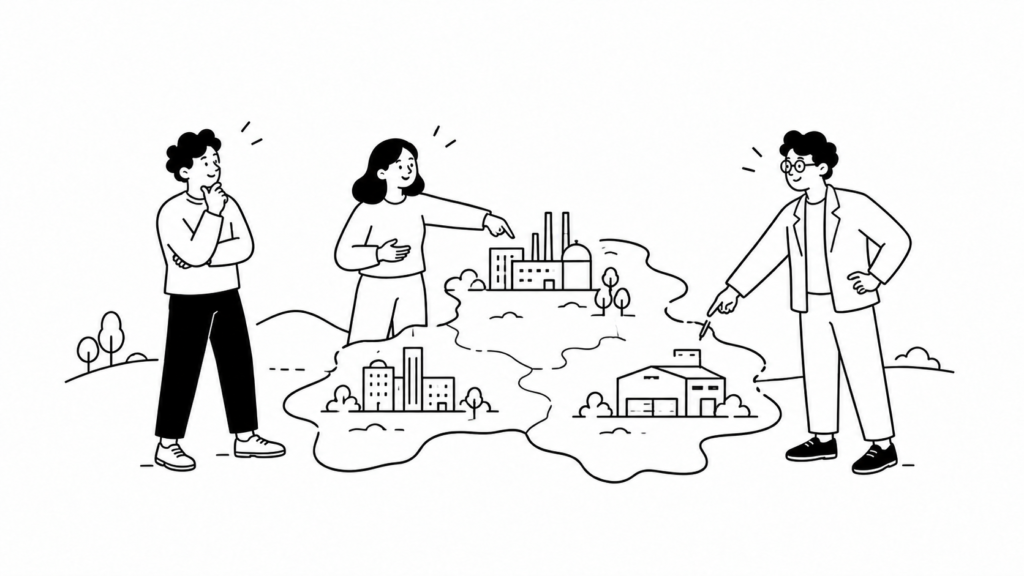 業種ごとに異なる業務効率化の取り組み方を話し合う担当者の線画イラスト