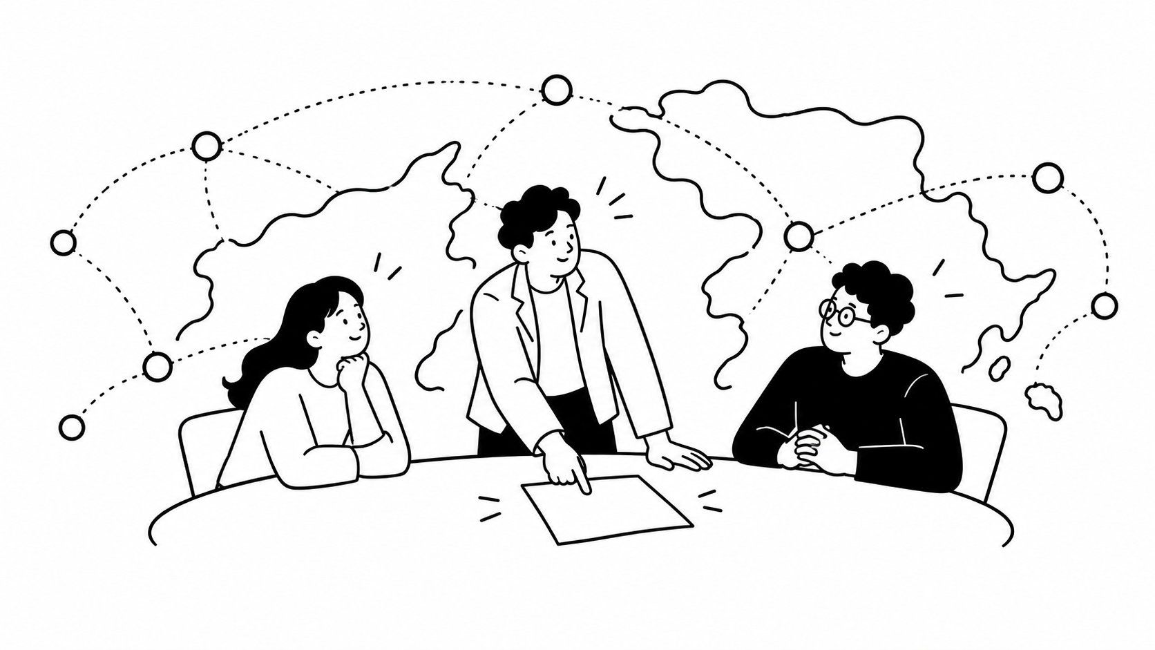 業務効率化の進め方を話し合う中堅企業の担当者たちの線画イラスト