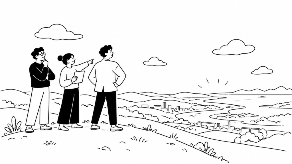 市場環境や人口動態の変化を見渡す担当者を描いた線画イラスト