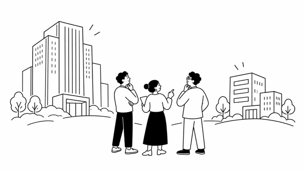 大企業と中堅・中小企業で異なる成長戦略の進め方を比較する線画イラスト