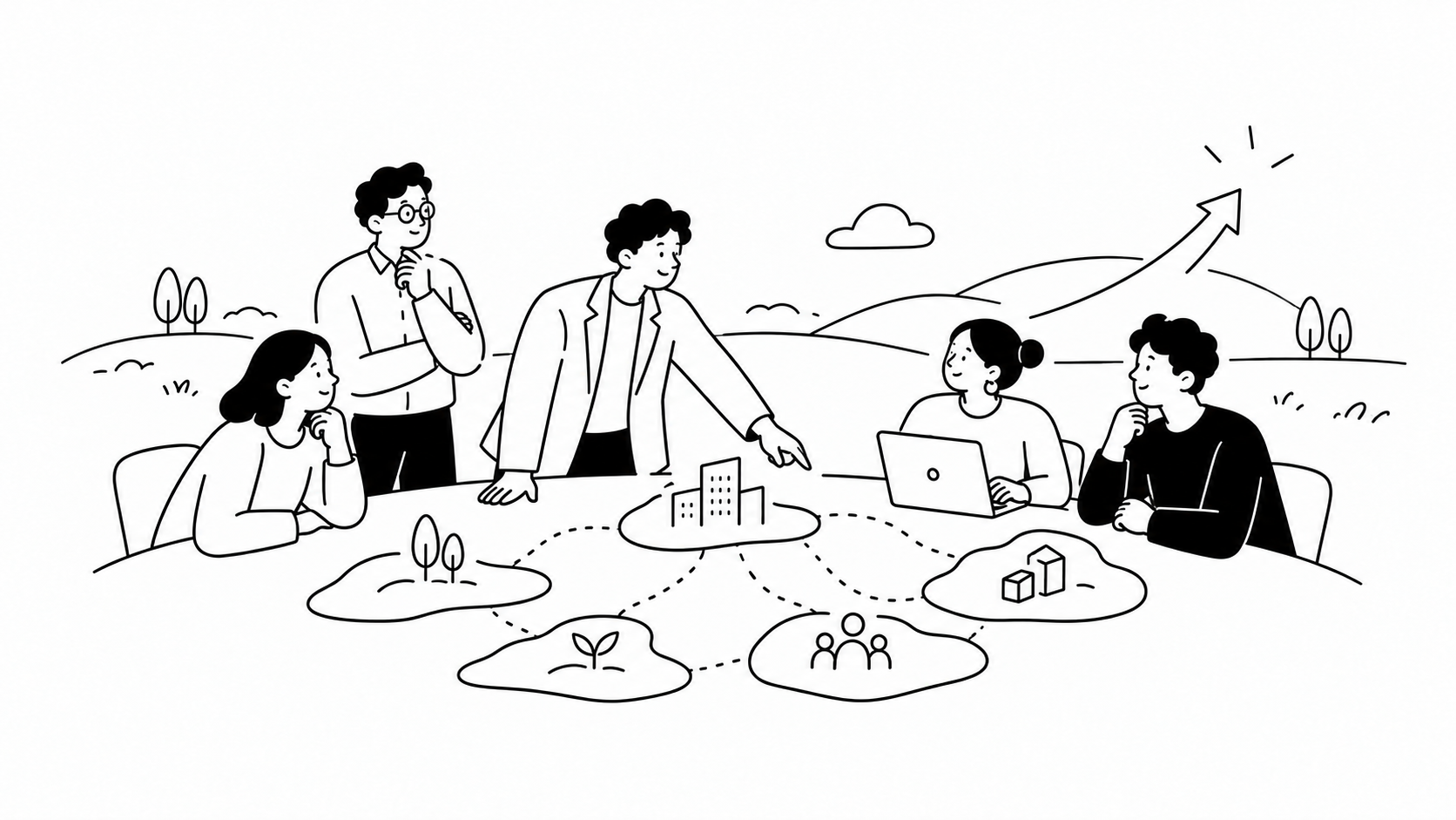 成長戦略の策定と実行を中堅企業の担当者が検討する様子を描いた線画イラスト