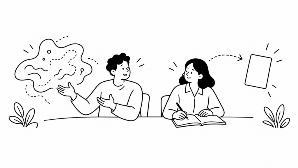 暗黙知と形式知の違いをノートに書き出して整理する線画イラスト