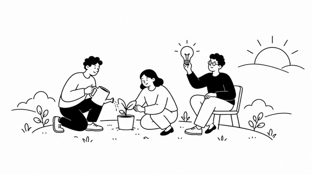 ナレッジマネジメントに取り組むメリットを芽と電球で示す線画イラスト