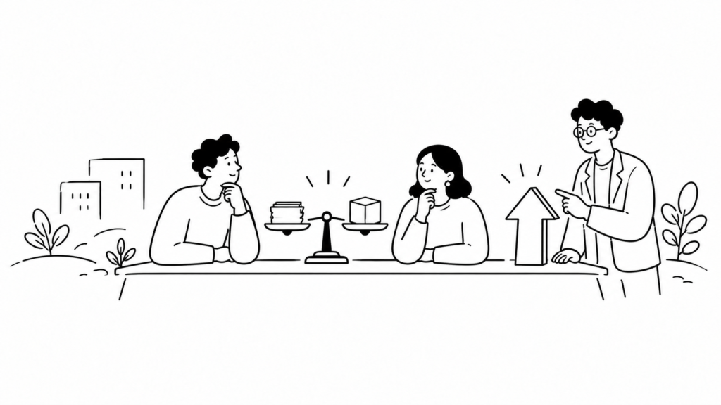 ナレッジマネジメントのコストと社内体制の目安を検討する線画イラスト