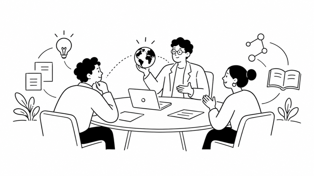 新規事業開発と外部人材の知見をナレッジマネジメントに活かす線画イラスト