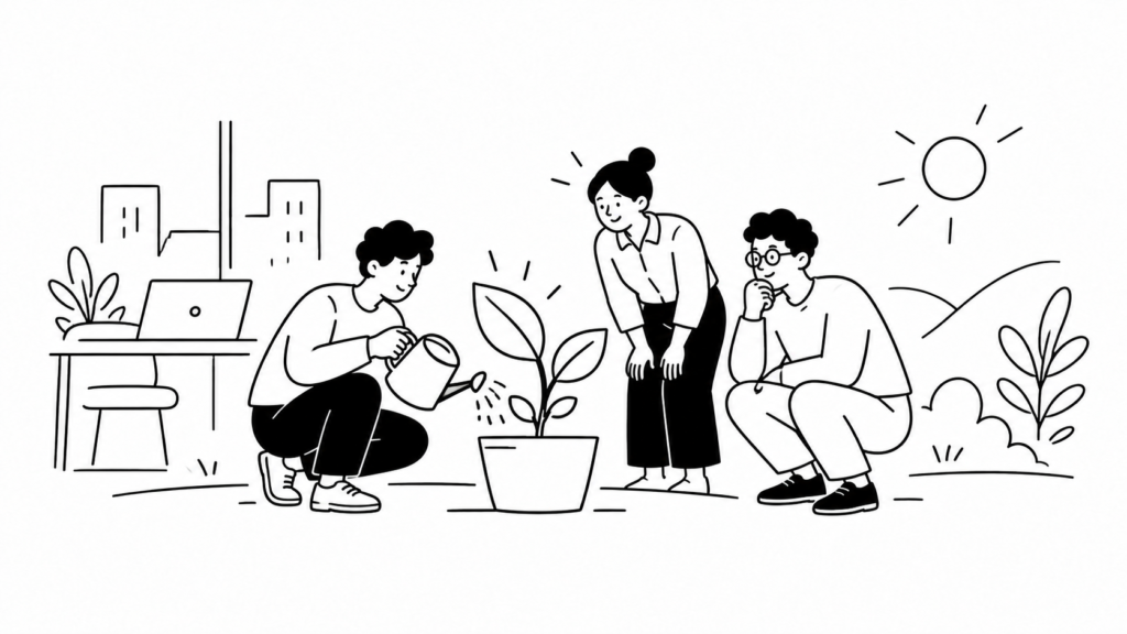 組織ケイパビリティを高めるメリット（適応力・人材定着）を示す線画イラスト
