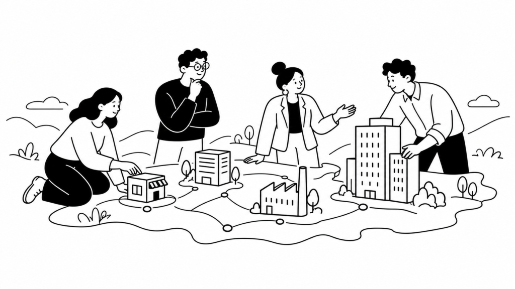 業種・企業規模別に見る組織ケイパビリティの論点を示す線画イラスト