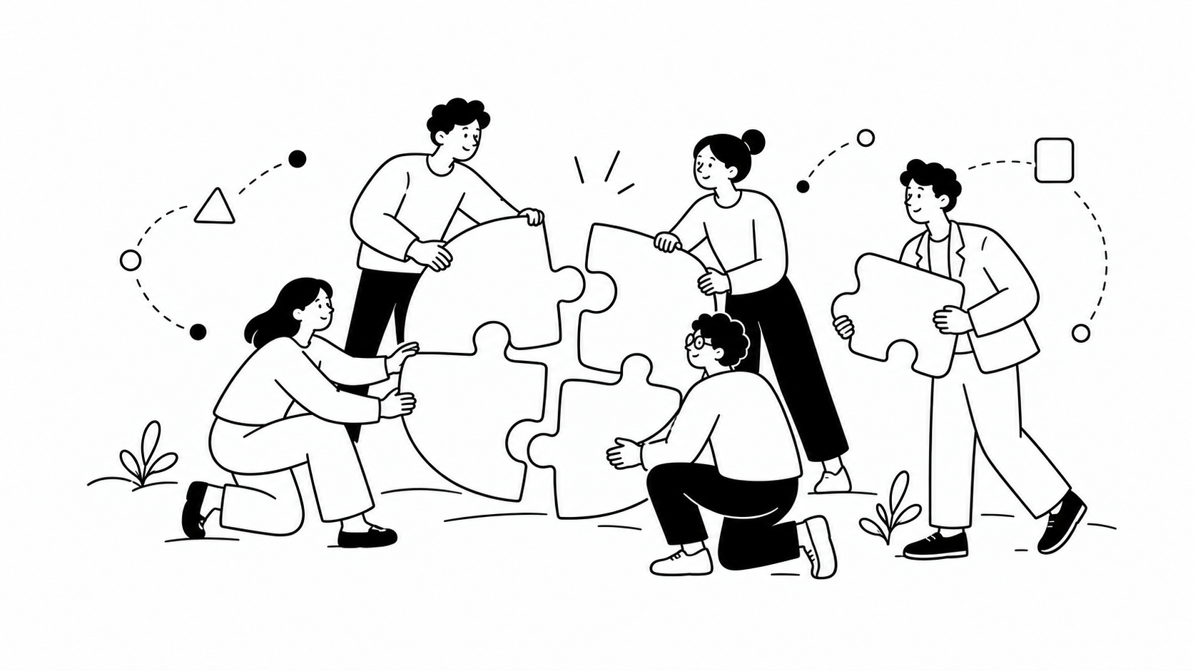 組織ケイパビリティを表す、複数人がリソースを組み合わせて一つの力にする線画イラスト