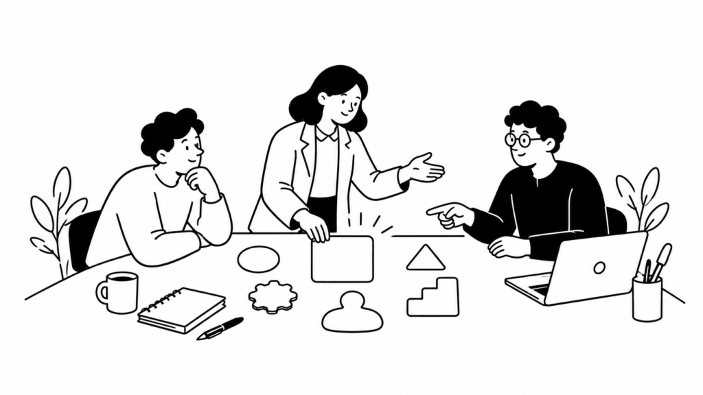 役割・役職・職務・職位の違いを話し合う担当者のイラスト