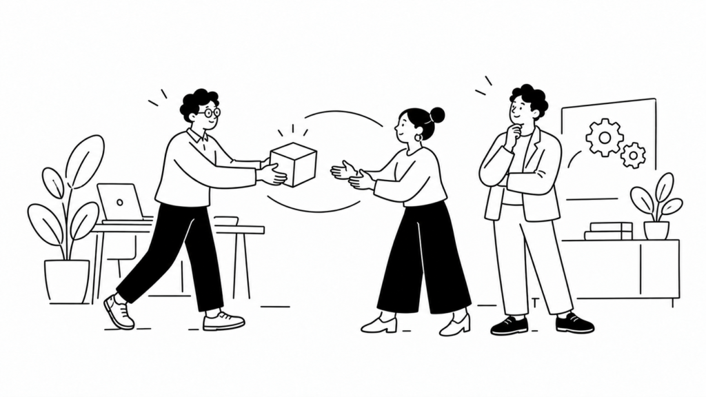 権限委譲の線引きを話し合うイラスト