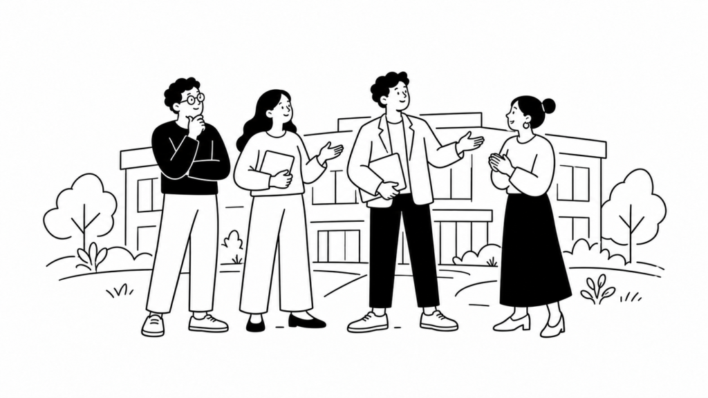 階層・立場別に役割定義を検討するイラスト